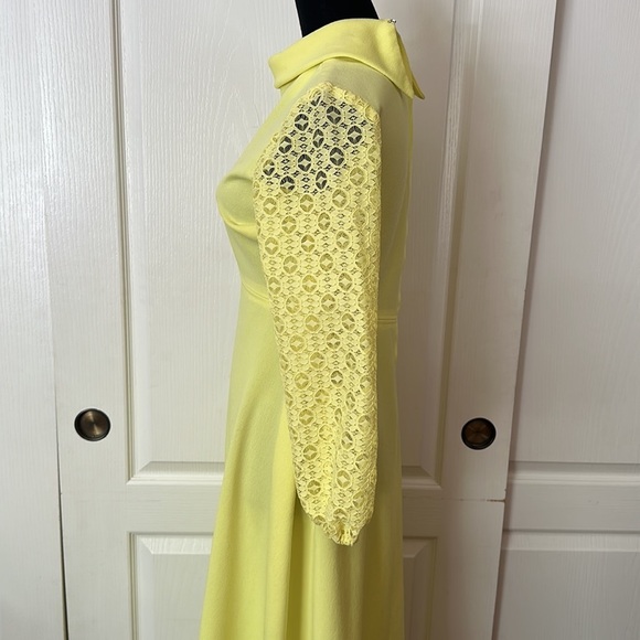 VTG 60s 70s BRIGHT YELLOW MODEST MAXI DRESS LACE SLEEVES PROM GOWN - Picture 3 of 4